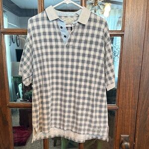 American Eagle Mens XL Plaid‎ Polo Shirt Grey White Short Sleeve Cotton RN 54485